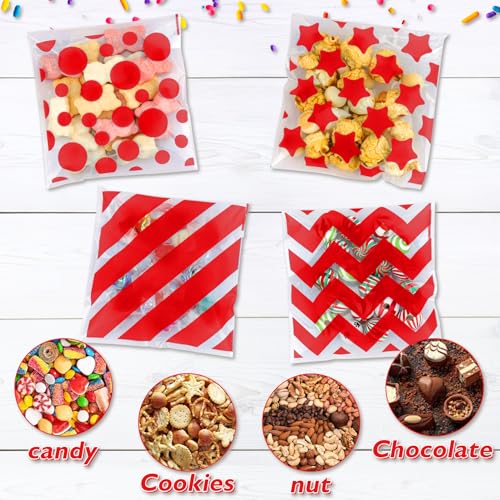 eowqeiur Valentines Cellophane Treat bags(4x4 Inch) 100 PCS Red Polka Dots Star Stripe Self Sealing Cookie Treat Snack Goodie Candy Goody Gifts Bags for Graduation Birthday Valentines Party Favors Supplies Wrap - Image 3