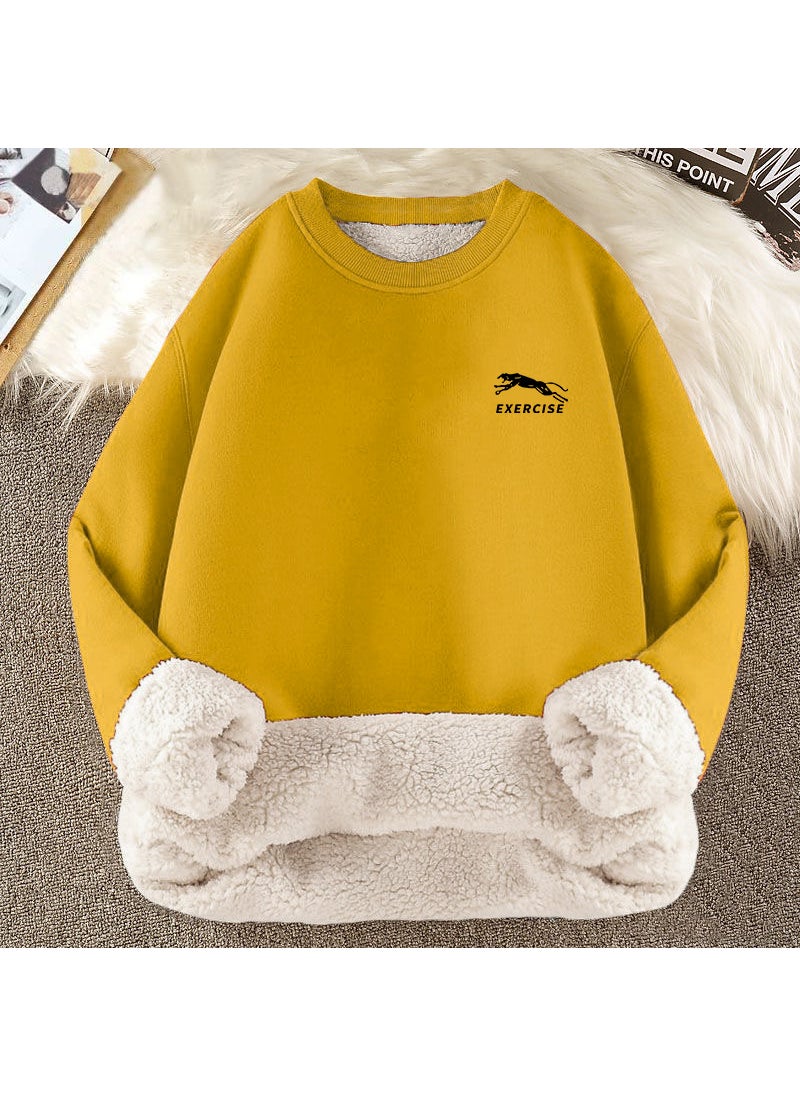 Generic - Warm Long Sleeve round Neck Mens T-Shirt Hoodie Camel Wool Blend Loose Fit Casual Trendy Mens Wear Polyester Fleece Winter Leopard Yellow Alpaca Sweatshirt - Image 1