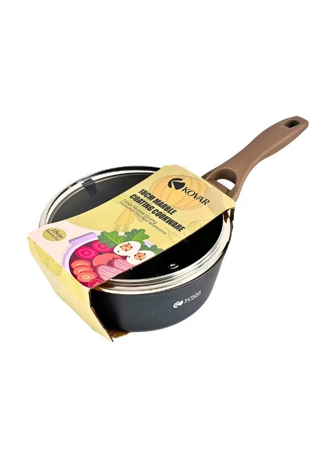 Kovar Aluminium Sauce Pan With Tempered Glass Lid 18cm Marble Coating Cookware- Black
