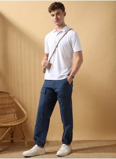 Dennis Lingo Blazing Blue 100% Nylon Solid Pattern Straight Fit Pants for Men Full Bottom Body Wear Cargo Joggers Button Closure Woven Weave Mid Rise Waist - Perfect for Lifestyle Occasions  - Image 1