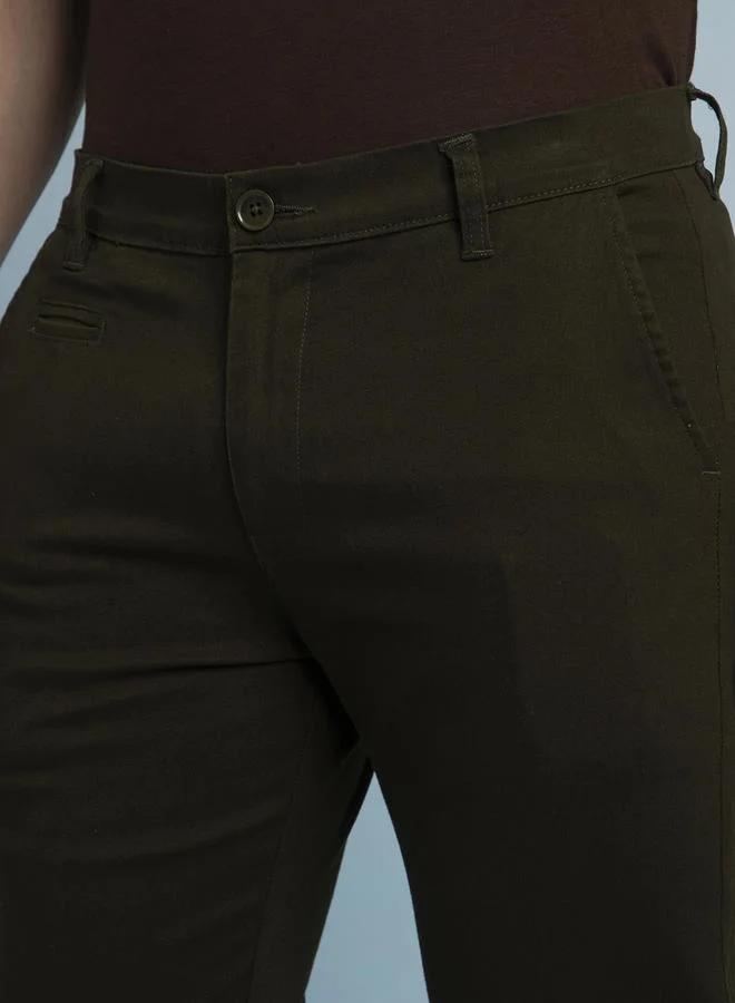 Dennis Lingo Men's Olive 100% Cotton Solid Pattern Full Length Chinos Straight Fit Pants