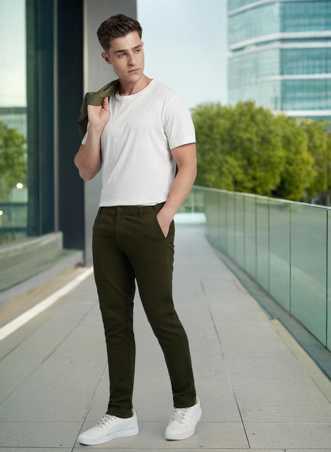 Dennis Lingo Men's Olive 100% Cotton Solid Pattern Full Length Chinos Straight Fit Pants  - Image 1