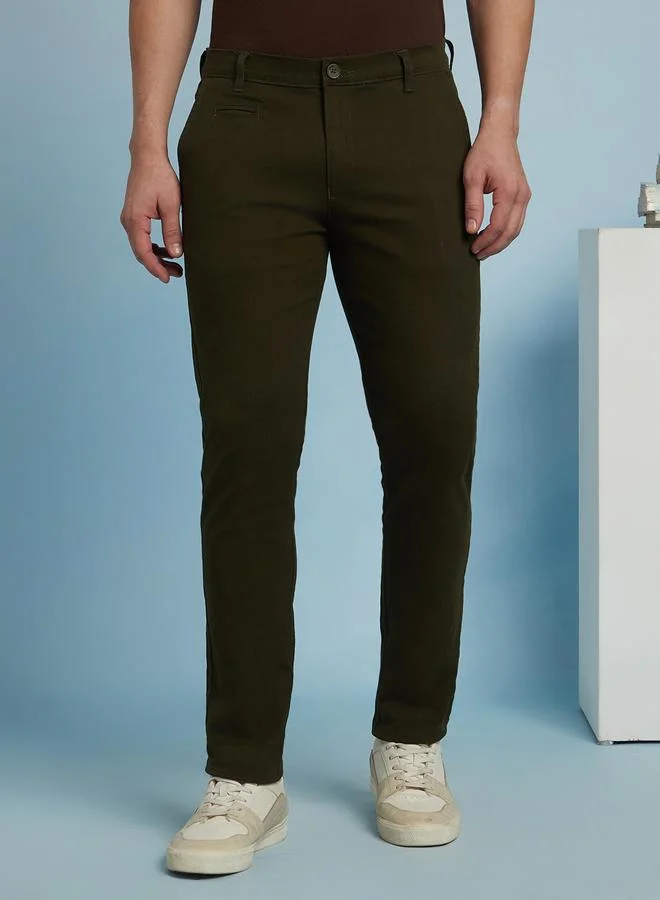Dennis Lingo Men's Olive 100% Cotton Solid Pattern Full Length Chinos Straight Fit Pants
