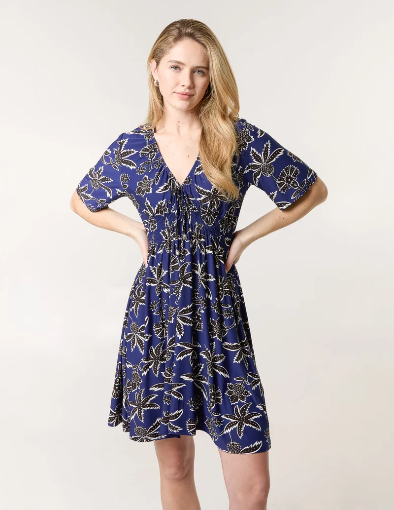 Blue Vanilla Shirred Waist Beaded V Neck Mini Dress