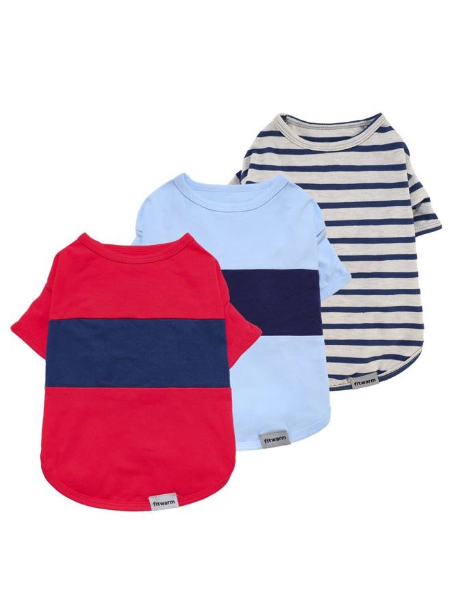 Fitwarm 3 Pack Color Block Striped Dog Shirt, Summer Dog Clothes for Small Dogs, Breathable Lightweight Pet Tshirt with Sleeves, Cat Outfit, Red, Blue, Grey - Image 1