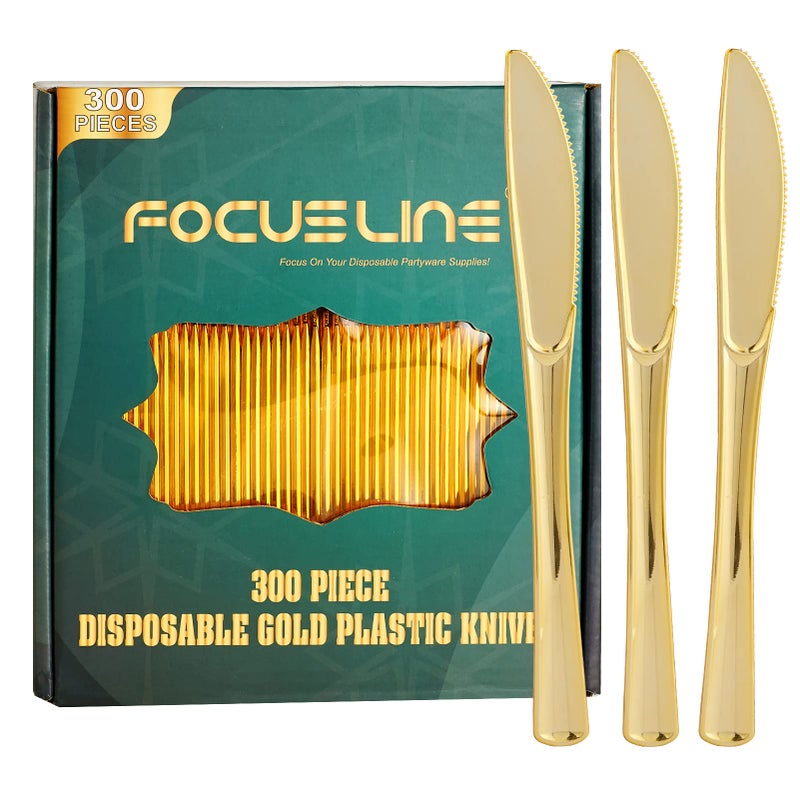 FOCUSLINE FOCUSLINE 300 Pack Disposable Gold Plastic Knives  Solid and Durable Plastic Cutlery Knives  Heavy Duty Disposable Utensil Silverware for Catering  Parties  Dinners  Weddings  - Image 1
