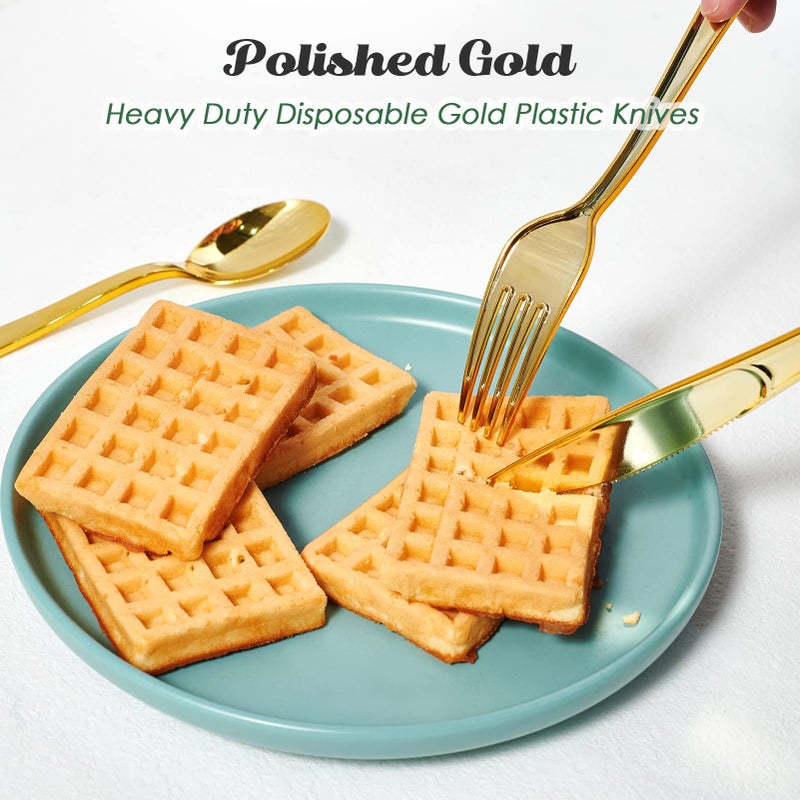 FOCUSLINE FOCUSLINE 300 Pack Disposable Gold Plastic Knives  Solid and Durable Plastic Cutlery Knives  Heavy Duty Disposable Utensil Silverware for Catering  Parties  Dinners  Weddings  - Image 3