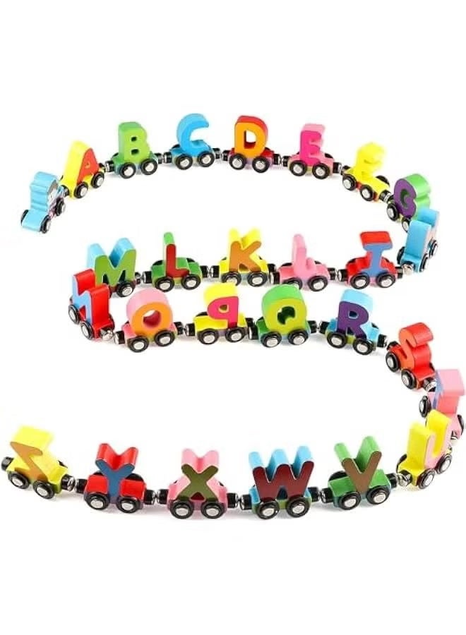 Clicko 27 PCS Wooden Alphabet Train Toy Wooden Magnetic Alphabet ABC Train Set Includes 1 Engine Letter Cars for Toddlers Boys and Girls, Compatible with Major Brands Train Set Tracks (Alphabet Train) - Image 1