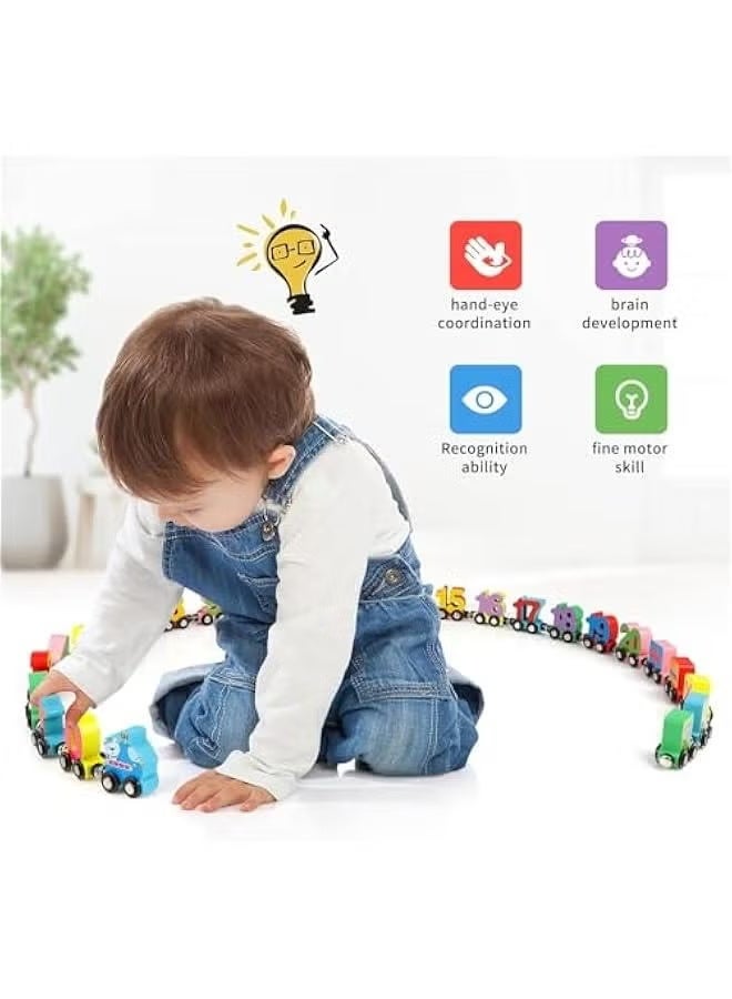 Clicko 27 PCS Wooden Alphabet Train Toy Wooden Magnetic Alphabet ABC Train Set Includes 1 Engine Letter Cars for Toddlers Boys and Girls, Compatible with Major Brands Train Set Tracks (Alphabet Train) - Image 2