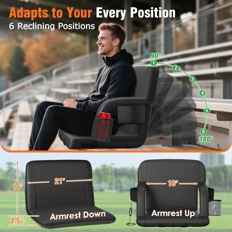 Suteck Dual-Side Heated Stadium Seat with Back Support, Wide Cushion, Foldable Bleacher Chair W/USB 3-Level Heating, 5 Storage Pockets â€“ Portable Stadium Chair for Outdoor Bleachers Camping Games - Image 2