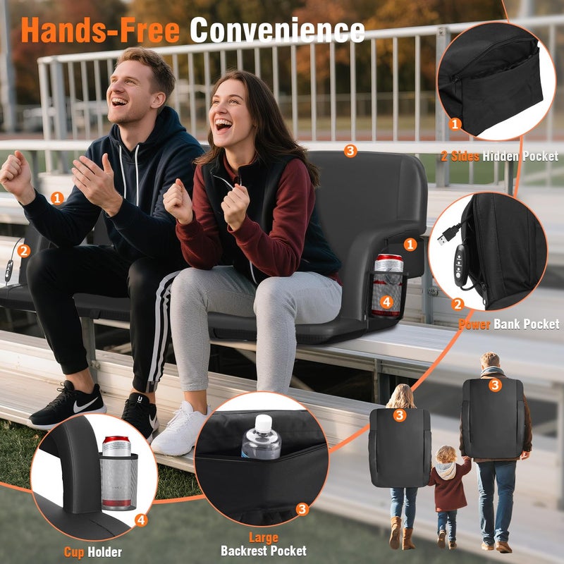 Suteck Dual-Side Heated Stadium Seat with Back Support, Wide Cushion, Foldable Bleacher Chair W/USB 3-Level Heating, 5 Storage Pockets â€“ Portable Stadium Chair for Outdoor Bleachers Camping Games - Image 5