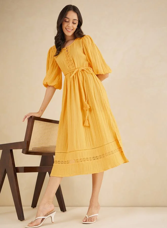 FEMELLA Lace Detail Belted A-Line Midi Dress by Styli