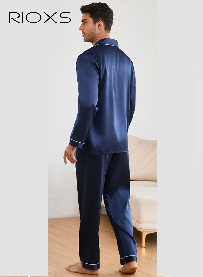 ريوكس طقم بيجامة رجالي، أكمام طويلة وسراويل، ملابس نوم كاجوال خفيفة الوزن بياقة مشقوقة، قميص نوم رجالي بجيوب على الصدر، ملابس نوم زرقاء داكنة بأزرار، طقم مريح وخفيف الوزن ومسامي للربيع والخريف، للمنزل والسفر، طقم مريح للمنزل للرجال، ملابس بيجامة مريحة لعطلة نهاية الأسبوع - Image 4