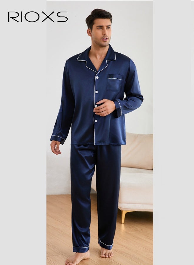ريوكس طقم بيجامة رجالي، أكمام طويلة وسراويل، ملابس نوم كاجوال خفيفة الوزن بياقة مشقوقة، قميص نوم رجالي بجيوب على الصدر، ملابس نوم زرقاء داكنة بأزرار، طقم مريح وخفيف الوزن ومسامي للربيع والخريف، للمنزل والسفر، طقم مريح للمنزل للرجال، ملابس بيجامة مريحة لعطلة نهاية الأسبوع - Image 3