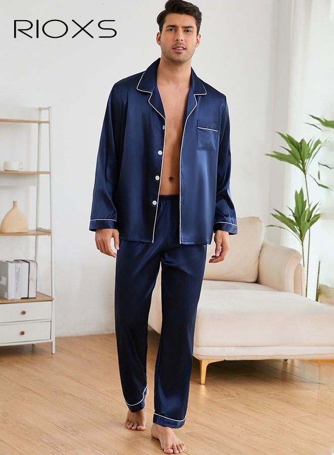 ريوكس طقم بيجامة رجالي، أكمام طويلة وسراويل، ملابس نوم كاجوال خفيفة الوزن بياقة مشقوقة، قميص نوم رجالي بجيوب على الصدر، ملابس نوم زرقاء داكنة بأزرار، طقم مريح وخفيف الوزن ومسامي للربيع والخريف، للمنزل والسفر، طقم مريح للمنزل للرجال، ملابس بيجامة مريحة لعطلة نهاية الأسبوع - Image 1