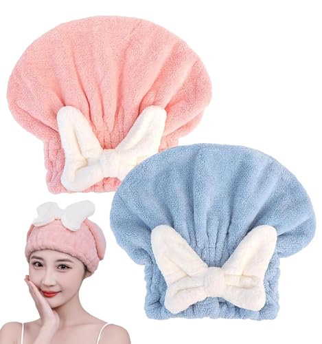 YUMINGUHC 2Pcs Microfiber Hair Drying CapUltra Absorbent Hair Towel Wrap Turban for Girls Women Soft Quick Dry Hair Towels with Bow Tie Shower Cap for Kids PinkBlue - Image 1