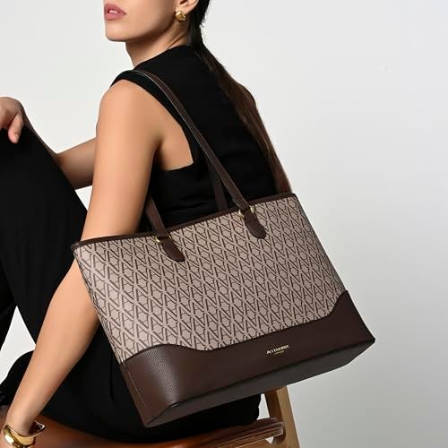 Accessorize London Women's Brown Zoya Monogram Tote Bag for Women Fits Upto 14 Inch Laptop | Tote Laptop Bag for Work | Ladies purse | Stylish Shoulder Bag | Gift For Women - Image 2