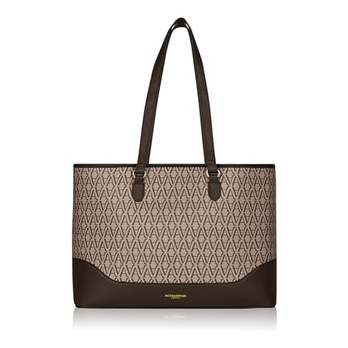 Accessorize London Women's Brown Zoya Monogram Tote Bag for Women Fits Upto 14 Inch Laptop | Tote Laptop Bag for Work | Ladies purse | Stylish Shoulder Bag | Gift For Women - Image 1