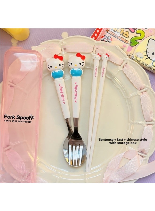 HL-015 Cartoon Sanlio Portable Tableware Suit Stainless Steel Spoon Fork Chopsticks Cross-border Hot Sale Non-slip Chopsticks-Specifications:Kitty Three-piece Tableware Set - Image 1