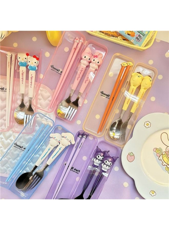 HL-015 Cartoon Sanlio Portable Tableware Suit Stainless Steel Spoon Fork Chopsticks Cross-border Hot Sale Non-slip Chopsticks-Specifications:Kitty Three-piece Tableware Set - Image 2