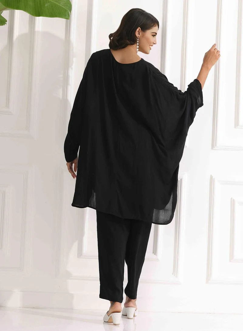 آي شين Women's Black Rayon Embellished Tunic Full Length Palazzo Straight Fit Co-Ords