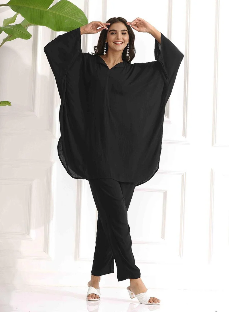 آي شين Women's Black Rayon Embellished Tunic Full Length Palazzo Straight Fit Co-Ords
