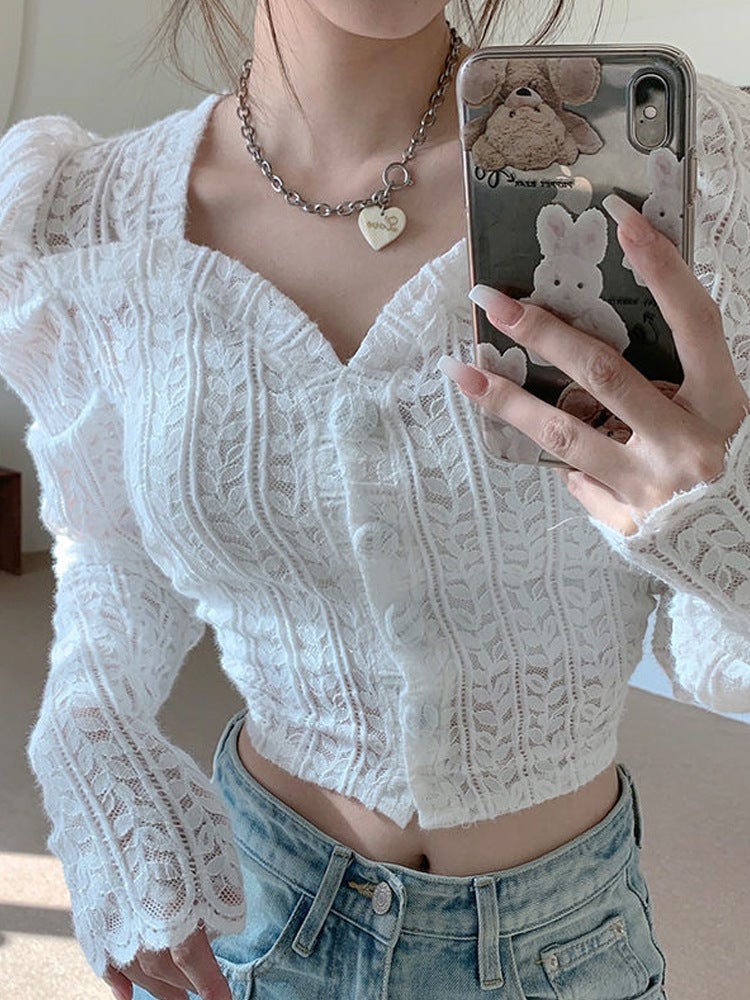 2025 New Lace Long-Sleeve Stylish Versatile Fashion Personality Top With Unique Square Neckline Design - Image 4