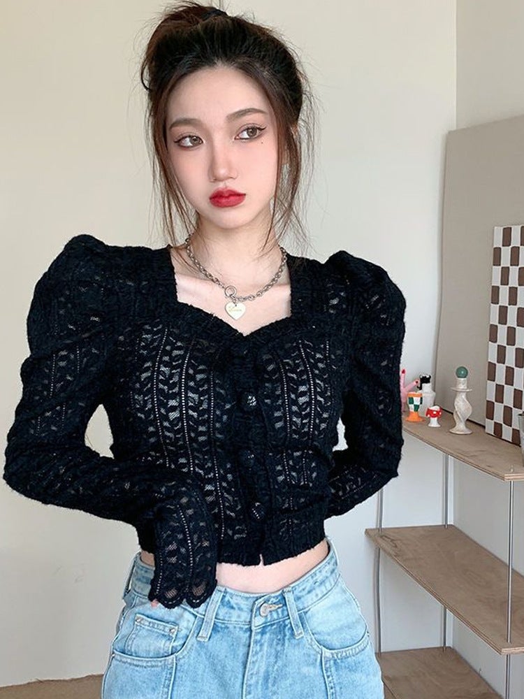 2025 New Lace Long-Sleeve Stylish Versatile Fashion Personality Top With Unique Square Neckline Design - Image 3