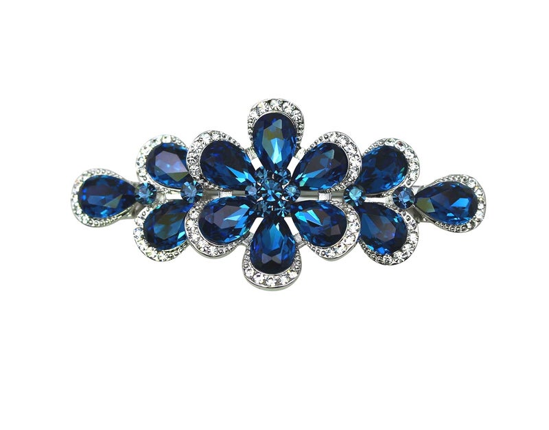 Faship Gorgeous Navy Blue Rhinestone Crystal Floral Hair Barrette Clip