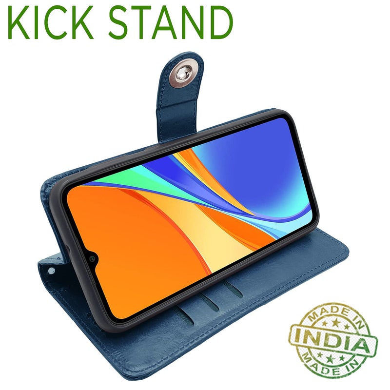 Pikkme Mi Redmi 10A / 10A Sport/Redmi 9 / Redmi 9 Activ / 9C / Poco C31 Flip Cover| PU Leather Finish | 360 Protection | Wallet & Stand | Strong Magnetic Flip Case (Blue Button) - Image 5