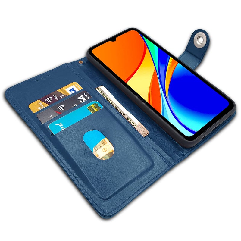 Pikkme Mi Redmi 10A / 10A Sport/Redmi 9 / Redmi 9 Activ / 9C / Poco C31 Flip Cover| PU Leather Finish | 360 Protection | Wallet & Stand | Strong Magnetic Flip Case (Blue Button) - Image 3