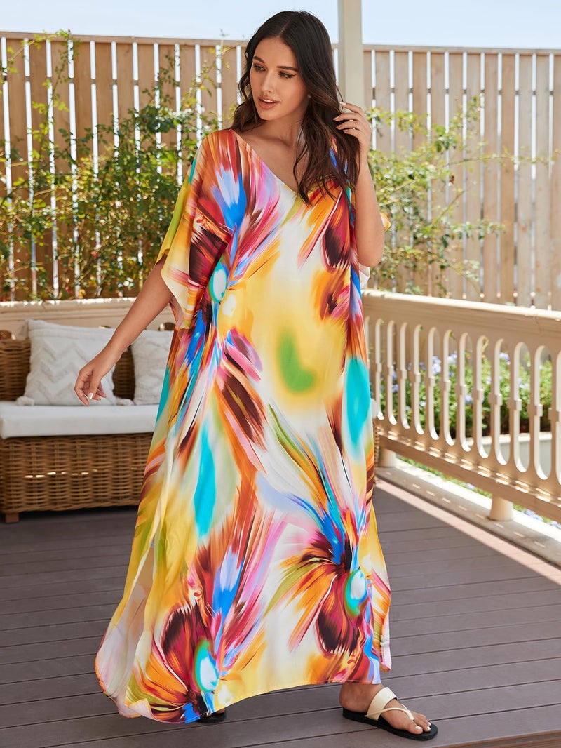 IMAGEKOPE Women's Plus Size Loose Fit Moroccan Print V-Neck Batwing Kaftan Beach Dress Bathing Suit Cover Up - Image 3
