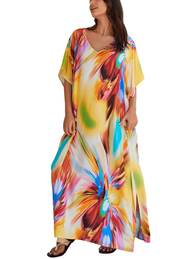 IMAGEKOPE Women's Plus Size Loose Fit Moroccan Print V-Neck Batwing Kaftan Beach Dress Bathing Suit Cover Up - Image 1