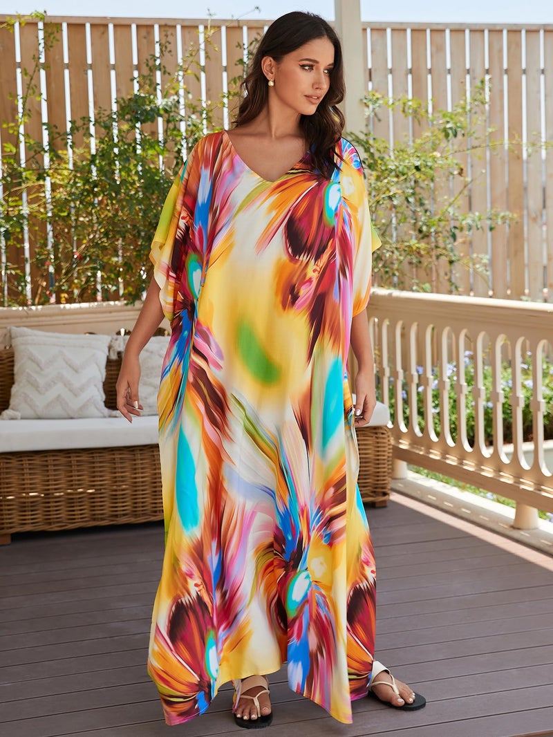 IMAGEKOPE Women's Plus Size Loose Fit Moroccan Print V-Neck Batwing Kaftan Beach Dress Bathing Suit Cover Up - Image 2
