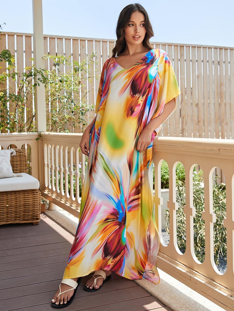 IMAGEKOPE Women's Plus Size Loose Fit Moroccan Print V-Neck Batwing Kaftan Beach Dress Bathing Suit Cover Up - Image 4