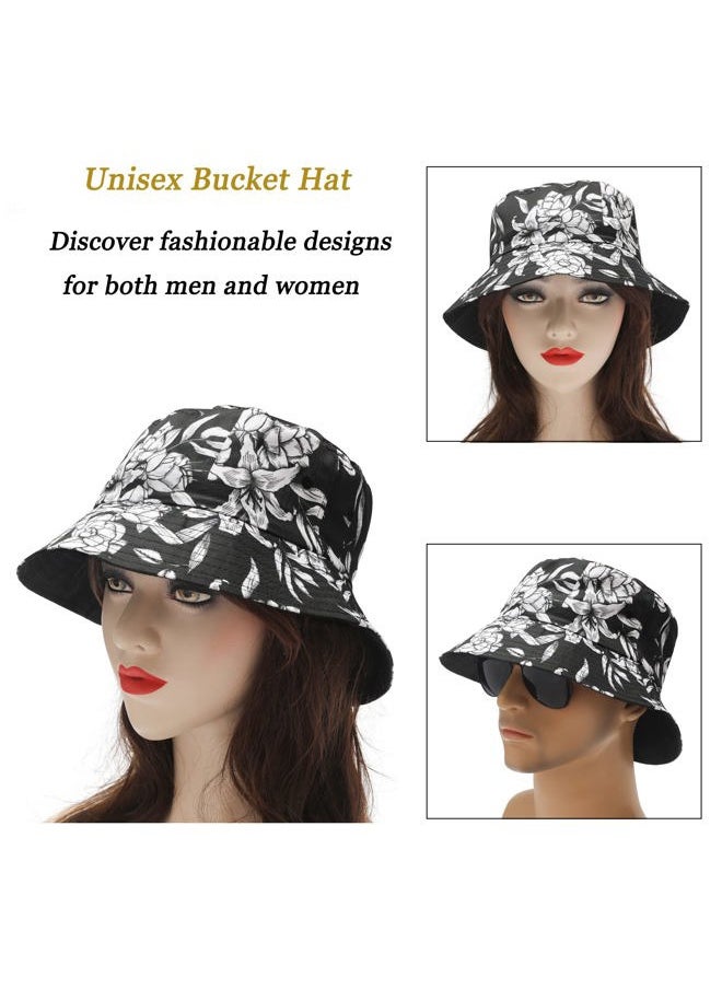 ZLYC Unisex Cute Animal Print Travel Bucket Hat Summer Fisherman Cap (Black and White Flowers)  - Image 2