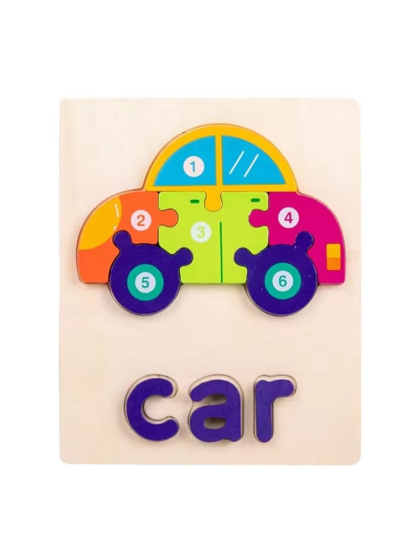 i diD Educational Wooden Car Puzzle for Toddlers - Number & Alphabet Learning Toy - 6 Pieces - 15x18 cm