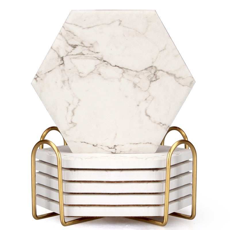 6 Pcs Cute Marble Absorbent Coaster Set with Holder Hexagon Drink Coasters Modern White Ceramic Thirstystone Coasters Cup Wine Coaster Table Bar Coasters Stone Coasters