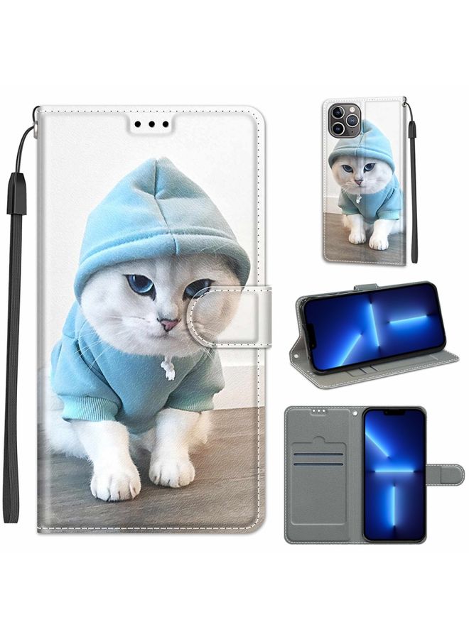 Case Cover For iPhone 13 Pro Max Voltage Colored Drawing Magnetic Clasp Horizontal Flip PU Leather Case with Holder & Card Slots C15 Blue Sweater White Cat