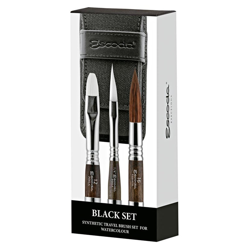 Escoda | Watercolour | Black Travel Set | Size 1/4,12,16 | 3 Brushes | Synthetic Kolinsky + White Toray | Bright + Dagger Striper + Round Pointed - Image 1