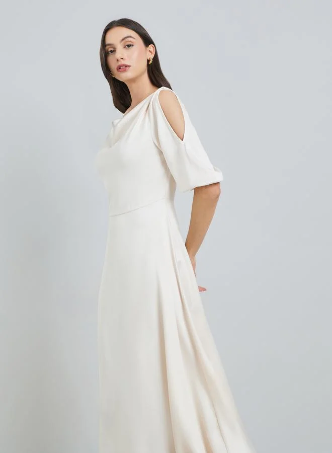 Take Two  Cream Solid Cowl Neck Midi Dress for Women | Best Price UAE