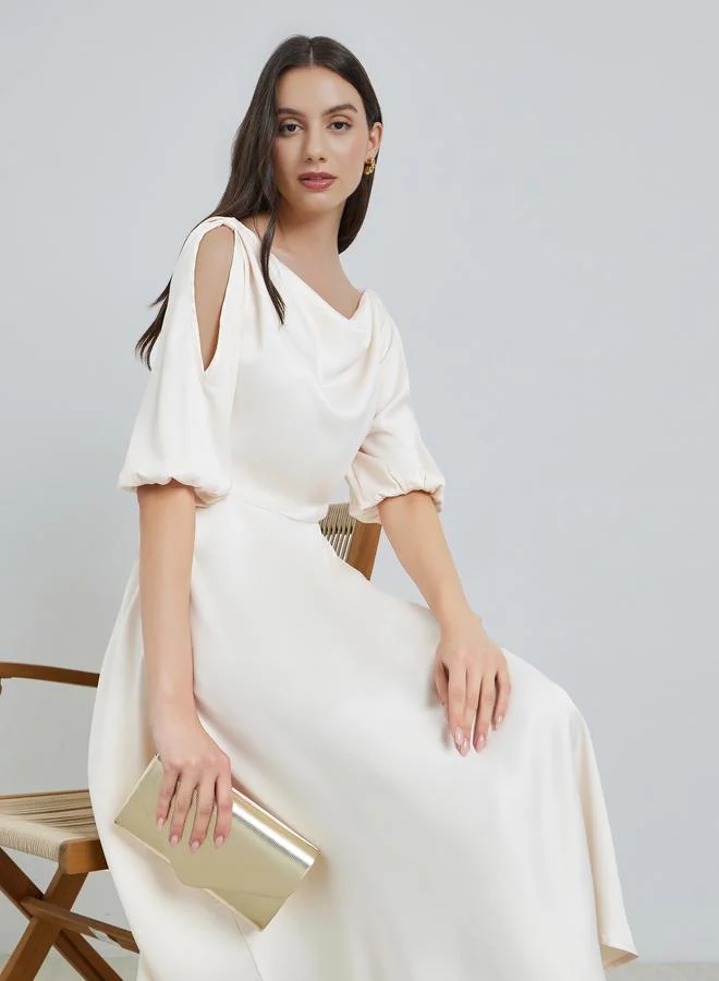 Take Two Cream Solid Cowl Neck Midi Dress