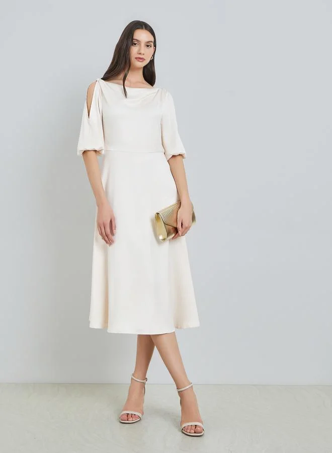 Take Two Cream Solid Cowl Neck Midi Dress