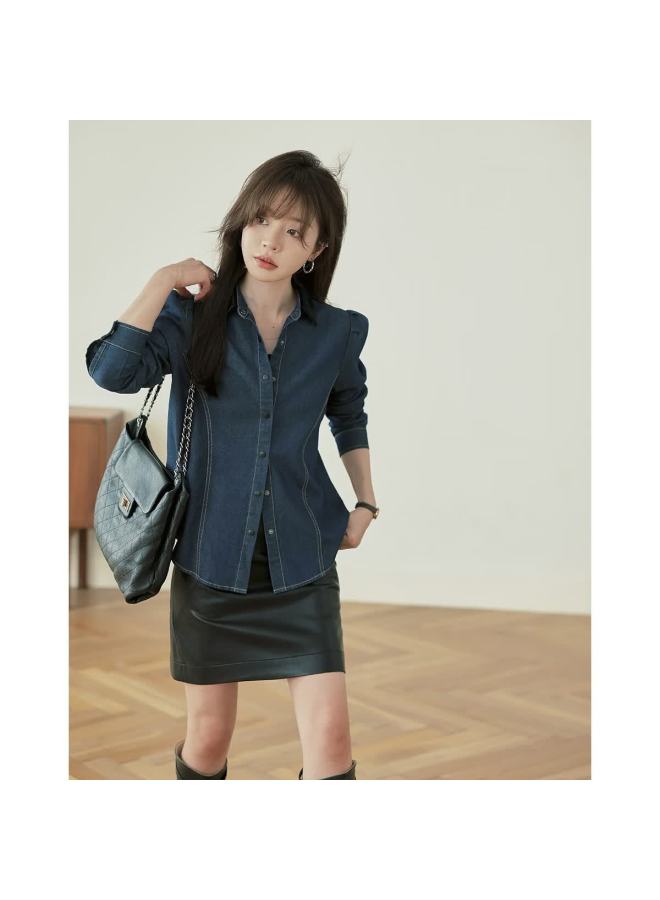 Mt Cool And Stylish Commuter Essential Autumn Korean Velvet Spliced Collar Princess Seam Denim Shirt - Image 3