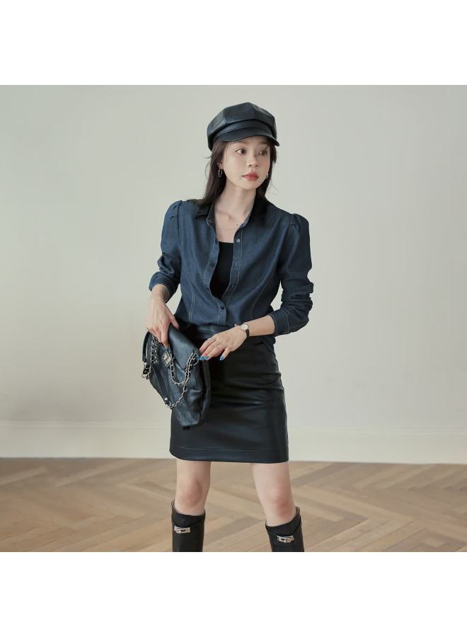 Mt Cool And Stylish Commuter Essential Autumn Korean Velvet Spliced Collar Princess Seam Denim Shirt - Image 5
