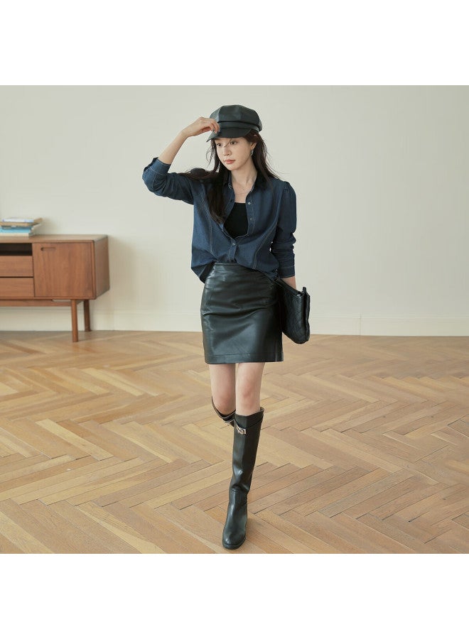 Mt Cool And Stylish Commuter Essential Autumn Korean Velvet Spliced Collar Princess Seam Denim Shirt - Image 2