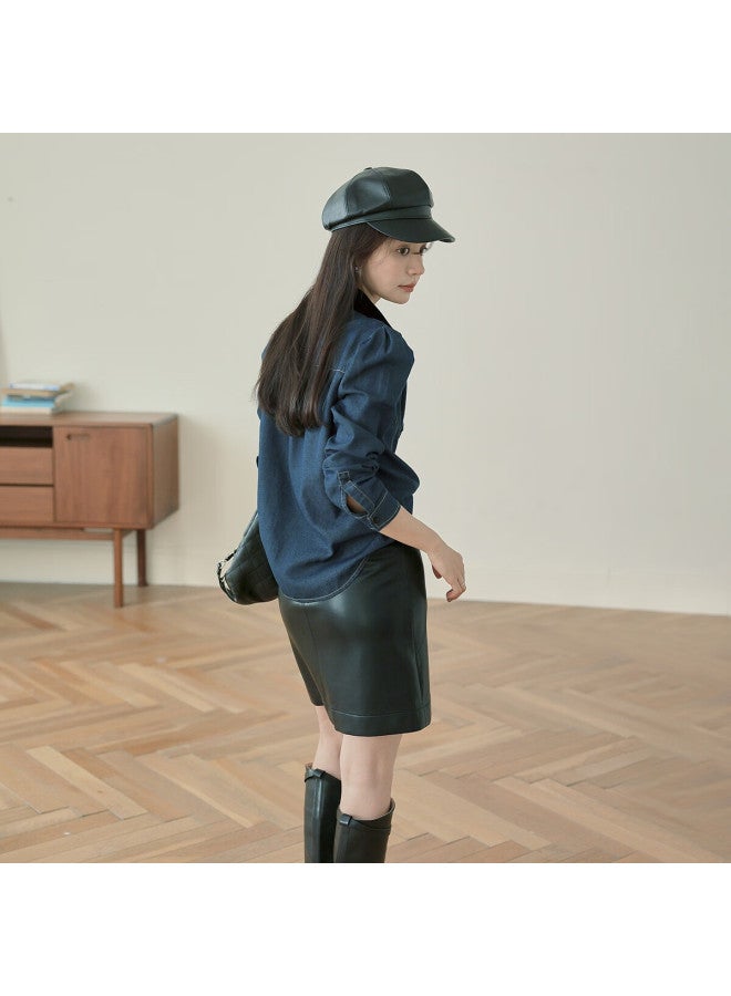 Mt Cool And Stylish Commuter Essential Autumn Korean Velvet Spliced Collar Princess Seam Denim Shirt - Image 4