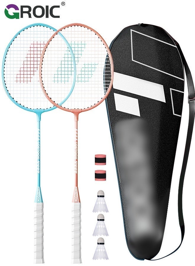 Badminton Racket Set, Includ 2 Rackets, 3 Birdies, 2 Racket Grip Tapes, 1 Carrying Bag, Lightweight and high Performance for Sports, Training and Entertainment,Blue and Pink Couple Style, Badminton Racquet