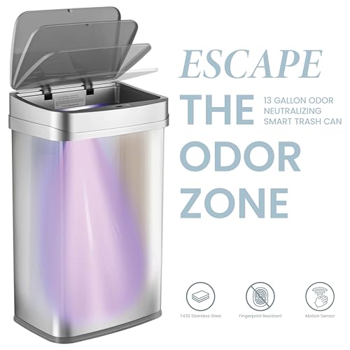 Ninestars Nova Series 13 Gallon Odor Elimating Automatic Kitchen Trash Can Automatic Odor Control Motion Sensor Garbage Bin, 50 Liter Smart Opening Stainless Steel, Silver - Image 2