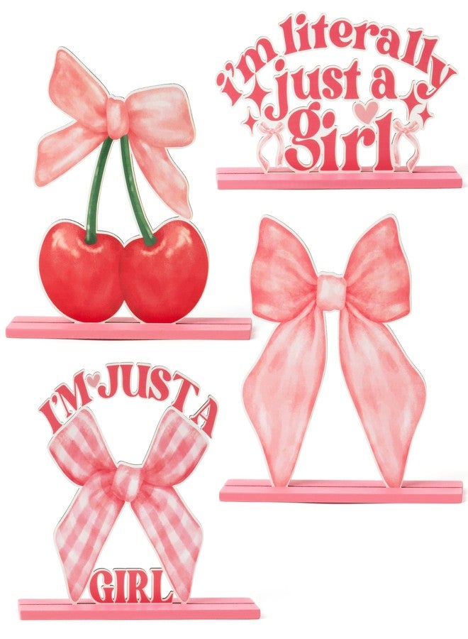 Haooryx Table Centerpieces Party Decorations - 4Pcs Coquette Watercolor Pink Bow Cherry Aesthetic Wood Letter Table Topper Sign Decor Birthday Baby Shower Party Favor Supplies Decorations Photo Props - Image 1